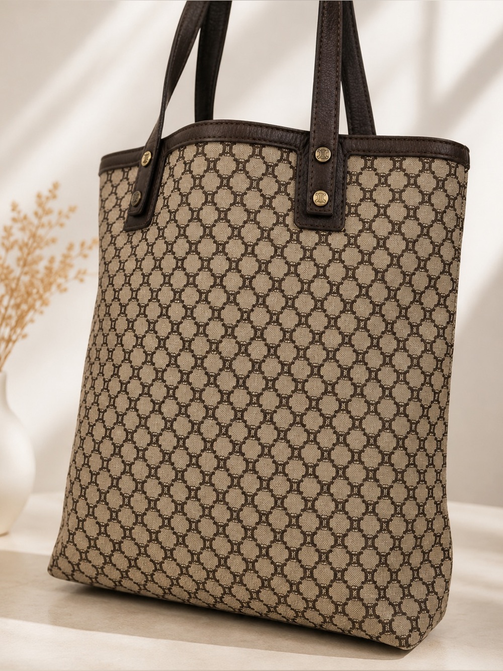 Vintage Celine Macadam Monogram Tote Bag Brown PVC Leather Shoulder Tote Italy